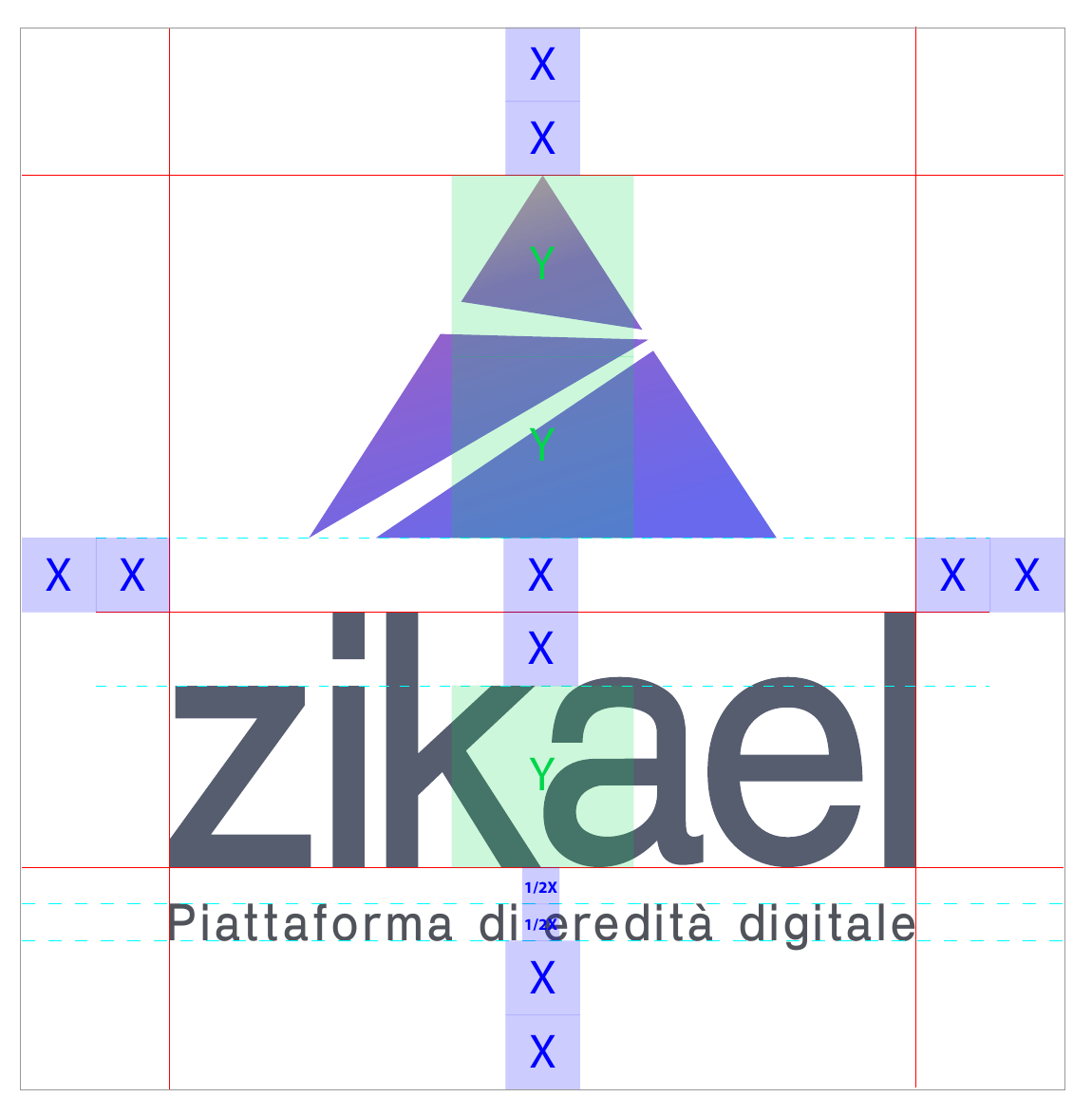 Griglia di costruzione del logo verticale, con le unità modulari X, Y e 1/2X